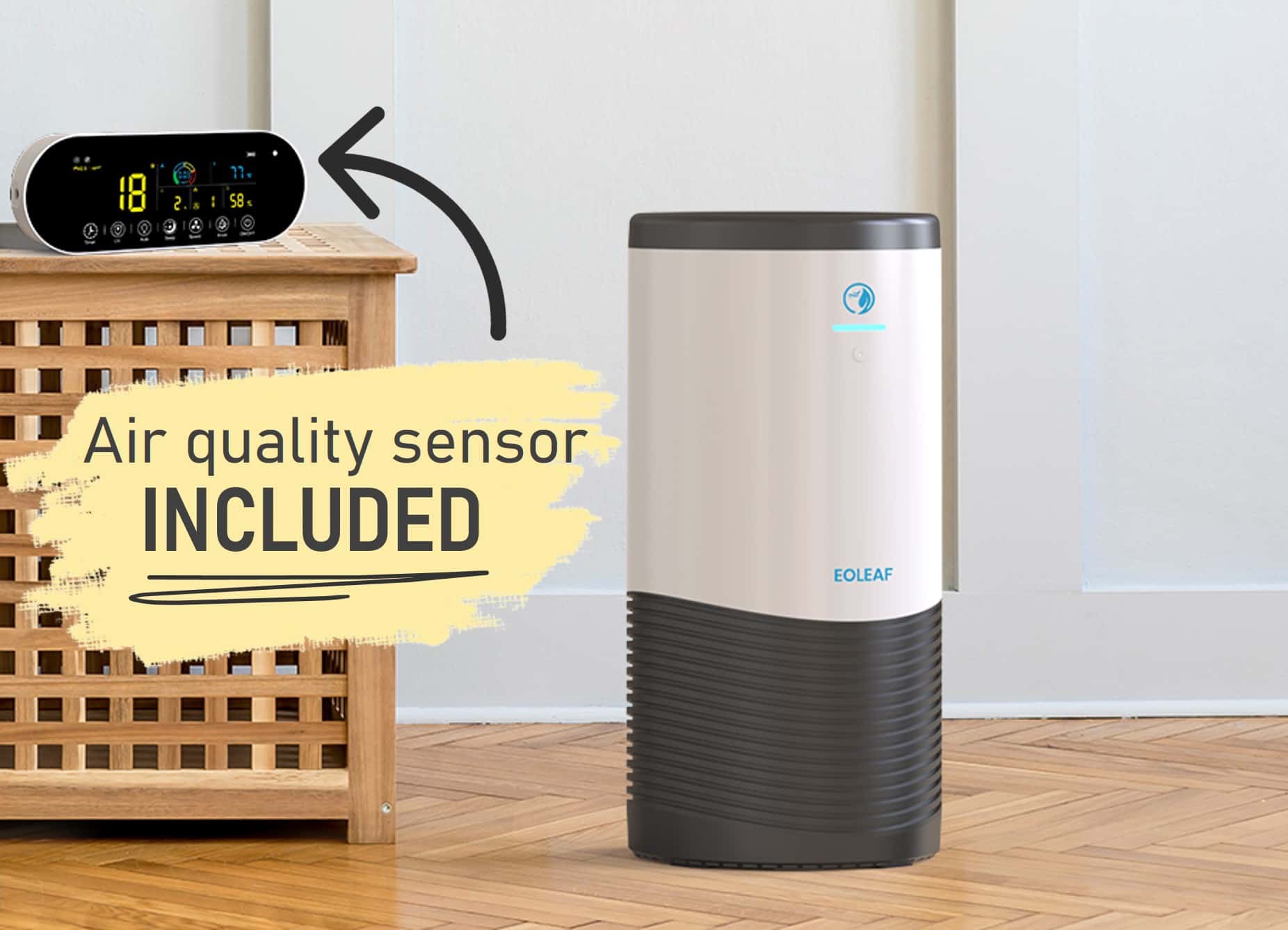 Eoleaf's AEROPRO 100 air puriifer with the words "air quality sensor included"