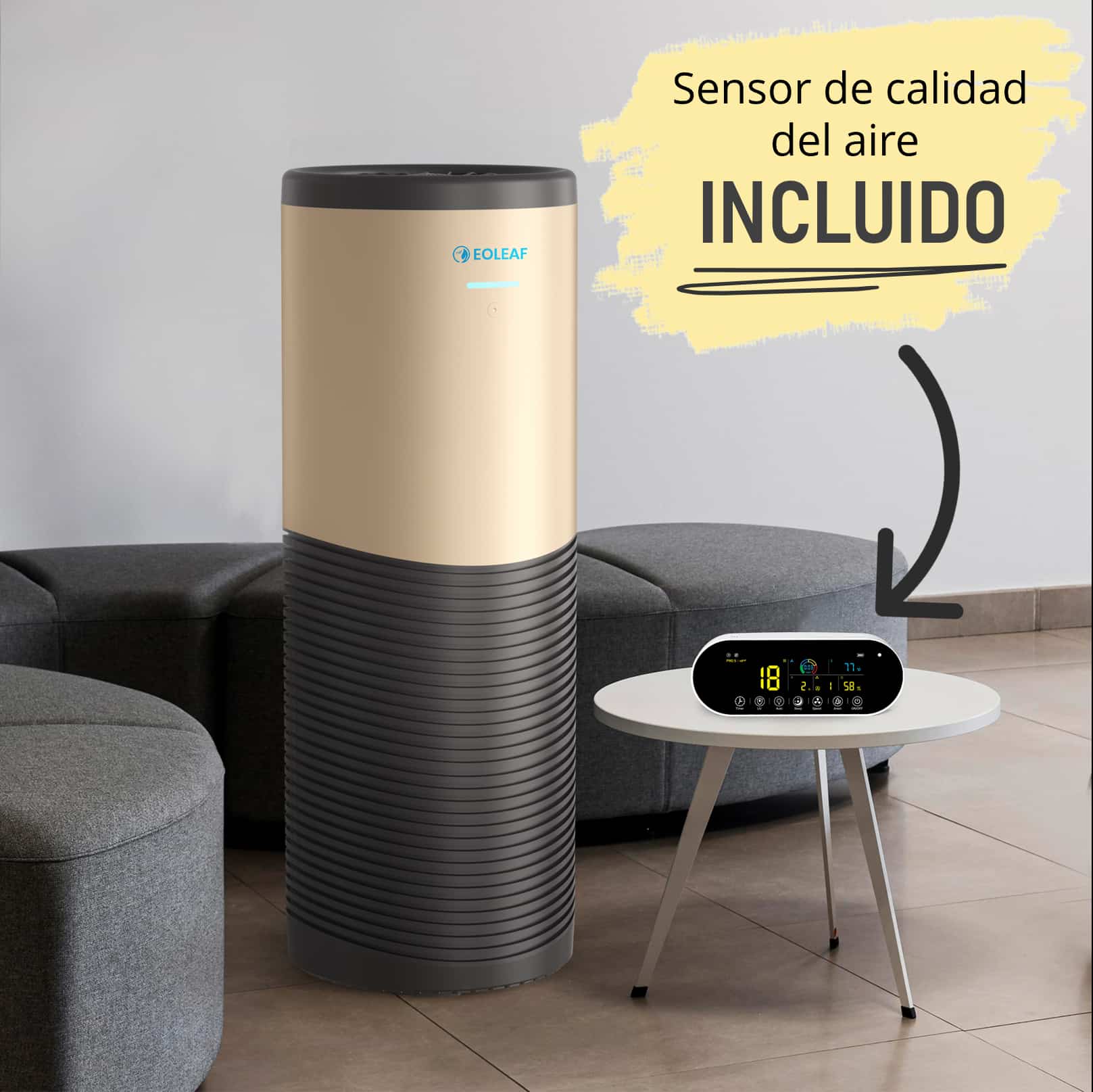Purificador de aire TeraPur 600 de Eoleaf con su terminal de control remoto