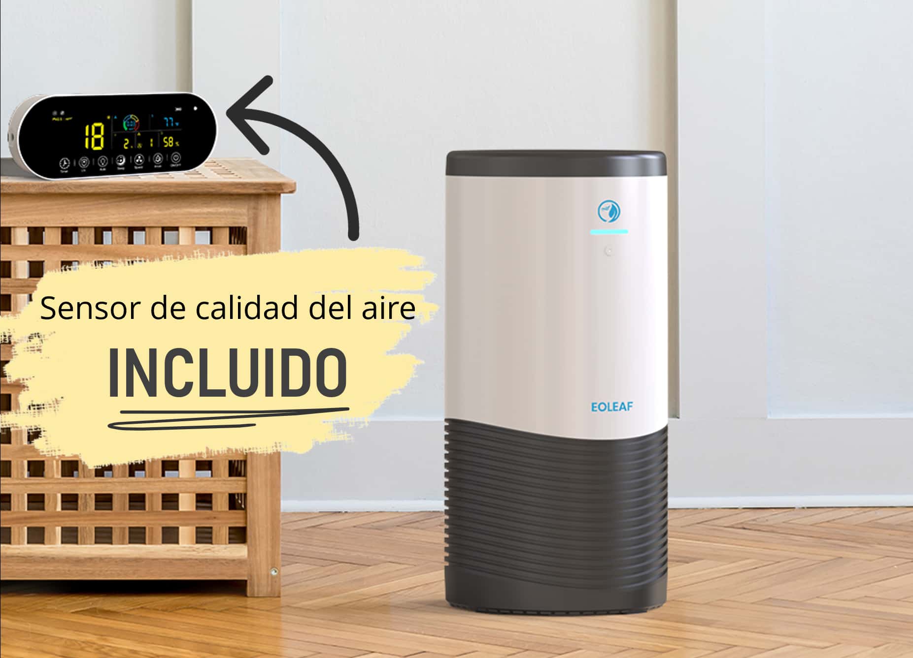Purificador de aire TeraPur 600 de Eoleaf con su terminal de control remoto