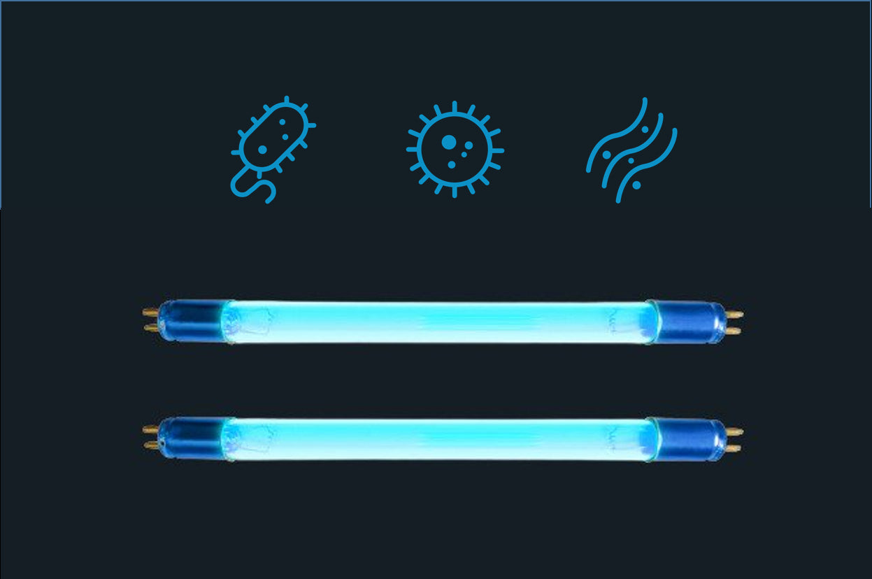 Two UV bulbs for Eoleaf air purifiers on a black background with germ symbols