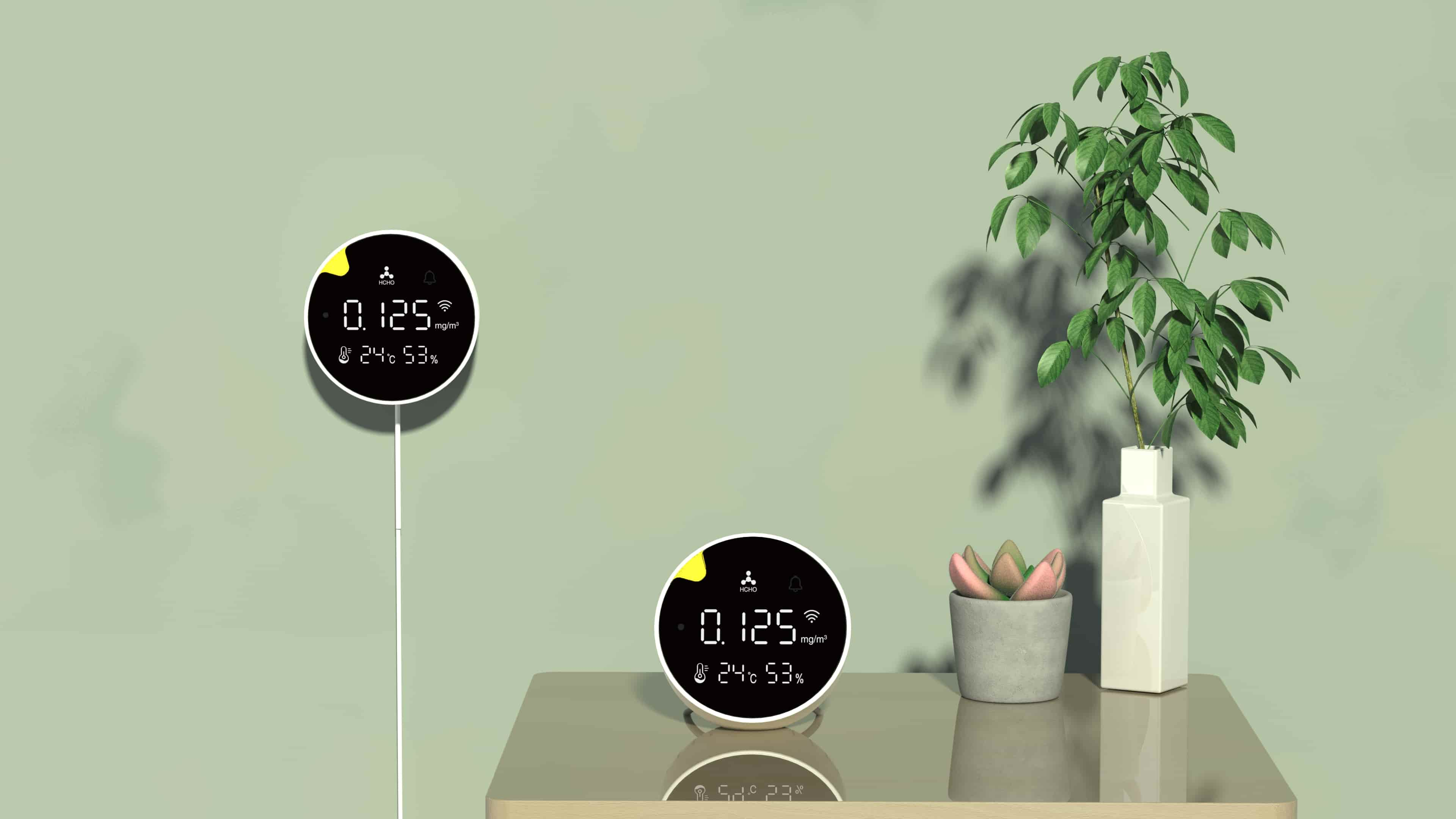 Eoleaf's Smart CO2 detector on the wall and on a desk