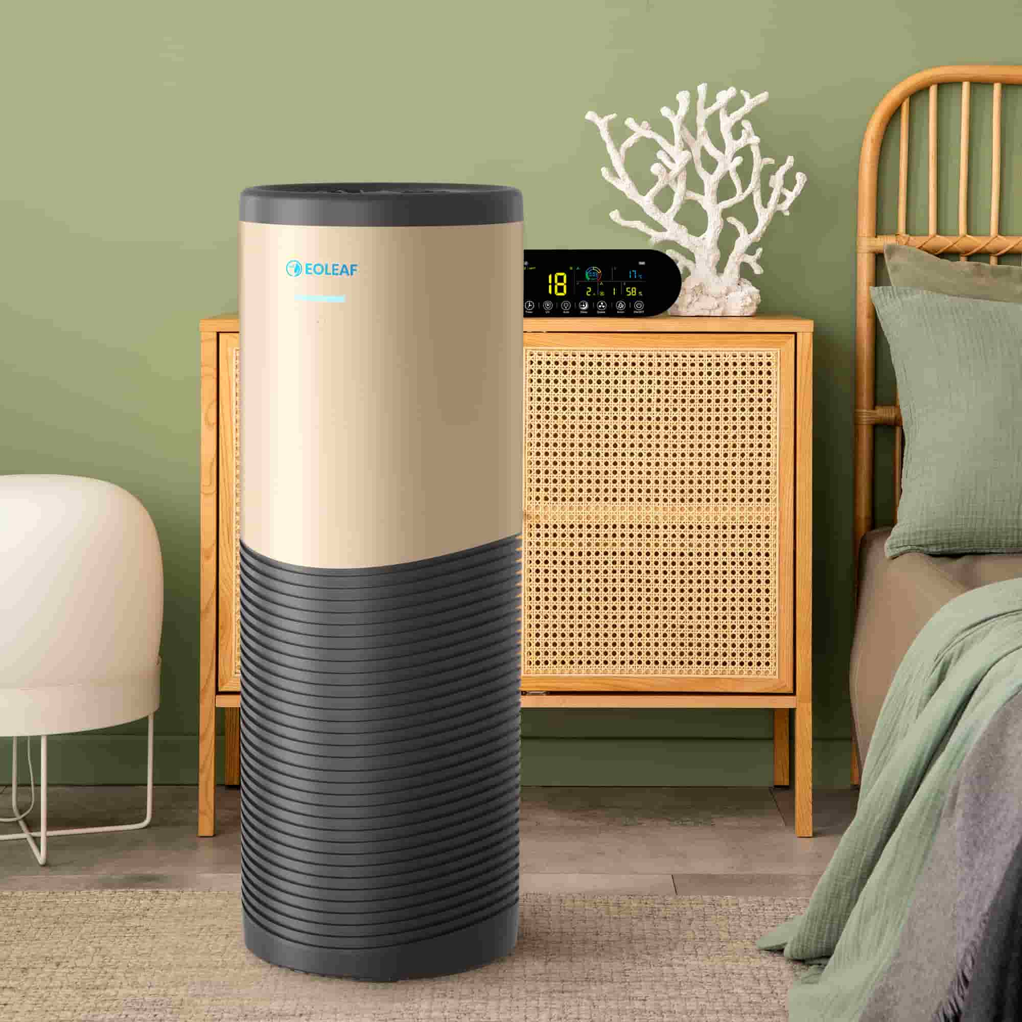 The AEROPRO 150 air purifier in a bedroom