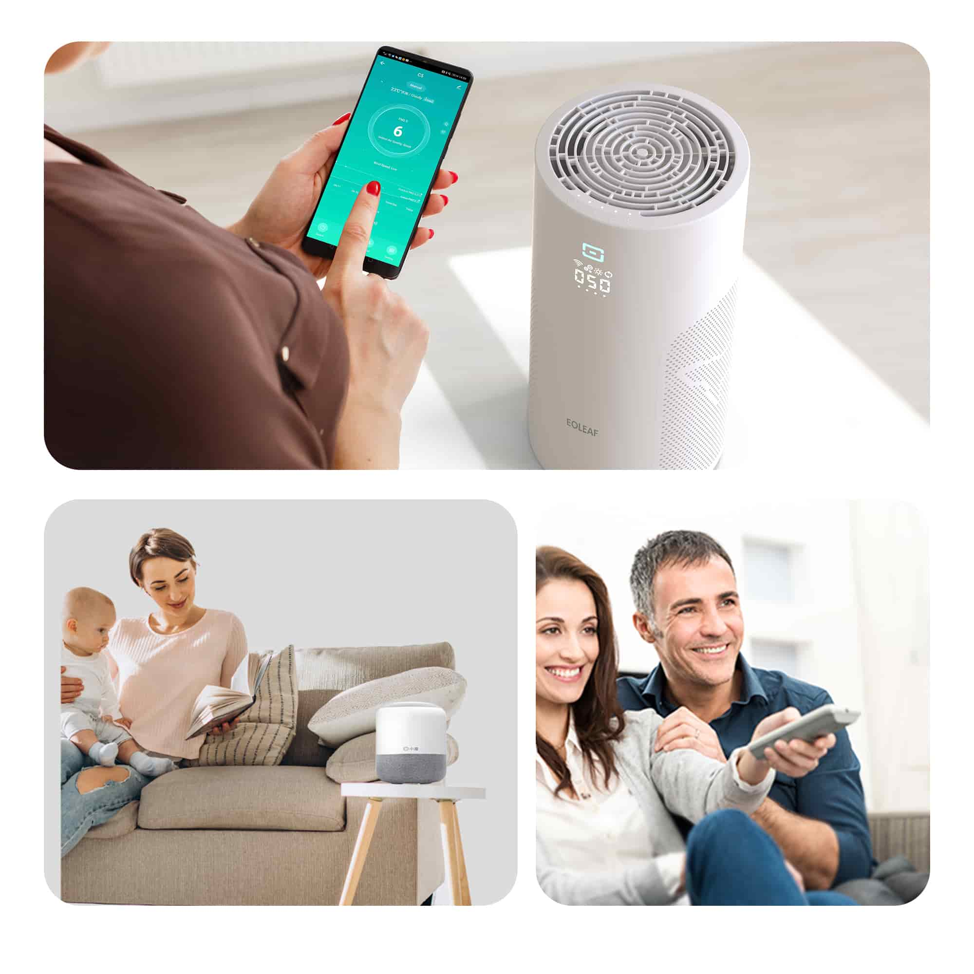 Three images of Eoleaf's AEROPRO 40 air purifier in use in a home