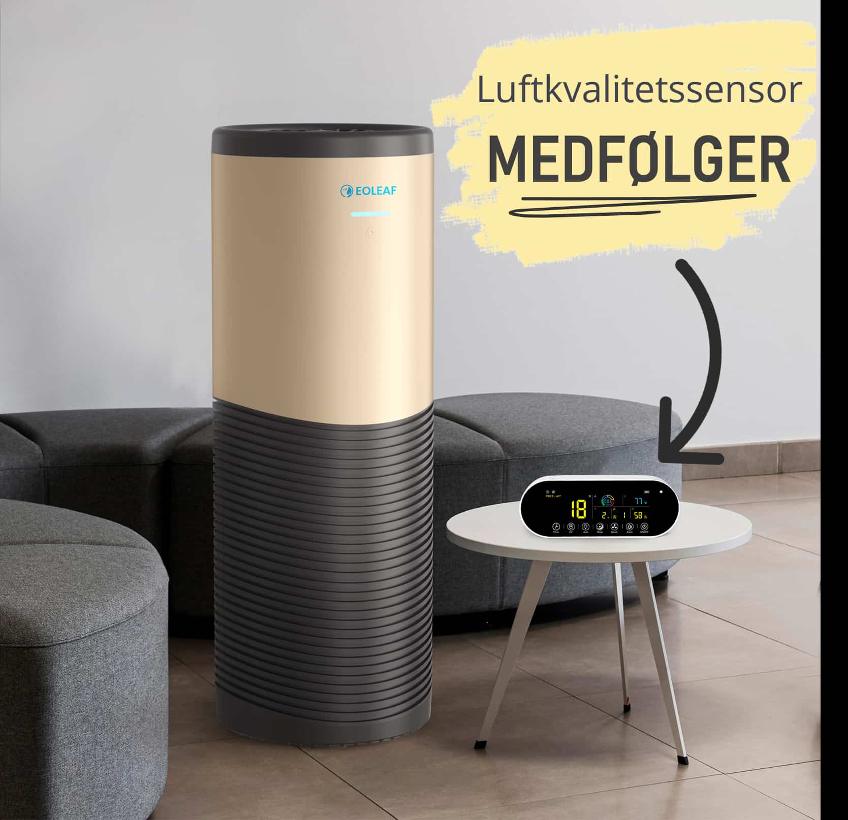 Eoleafs AltaPur 700 med dens håndholdte fjernbetjening ved siden af.