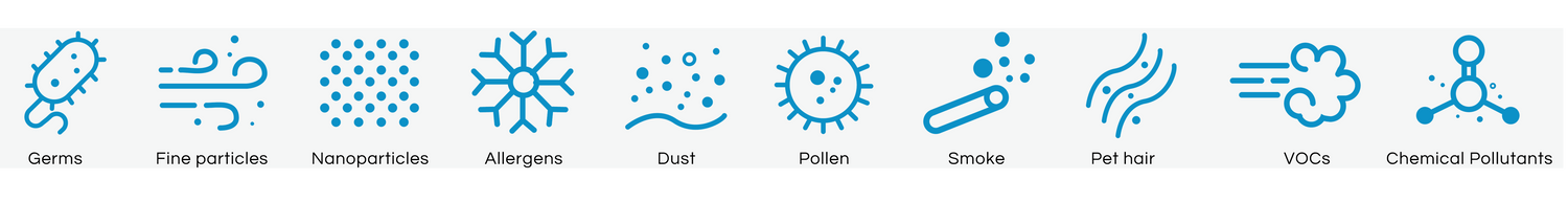 Our high-end HEPA air purifiers remove Germs, Fine Particles, Nanoparticles, Allergens, Dust, Pollen, Smoke, Animal Hair, VOCs, Chemical Pollutants and more.
