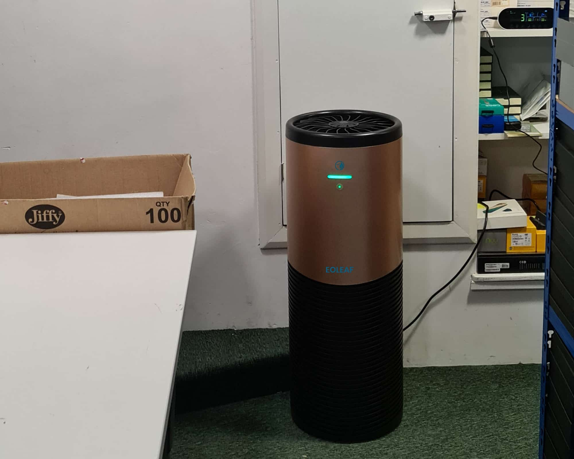 Eoleaf's AEROPRO 150 air purifier in an office next to a closet