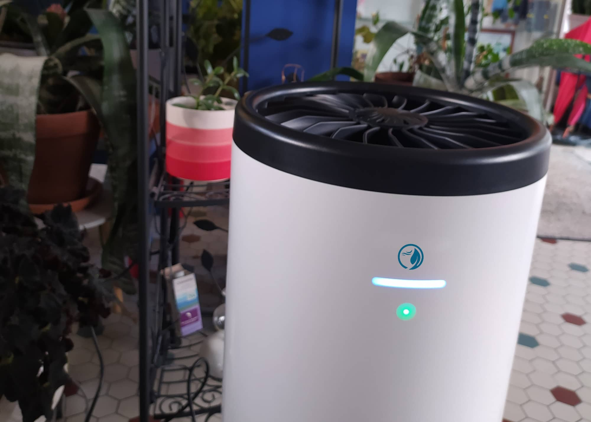 Eoleaf's AEROPRO 100 air purifier in a shop with plants behind it