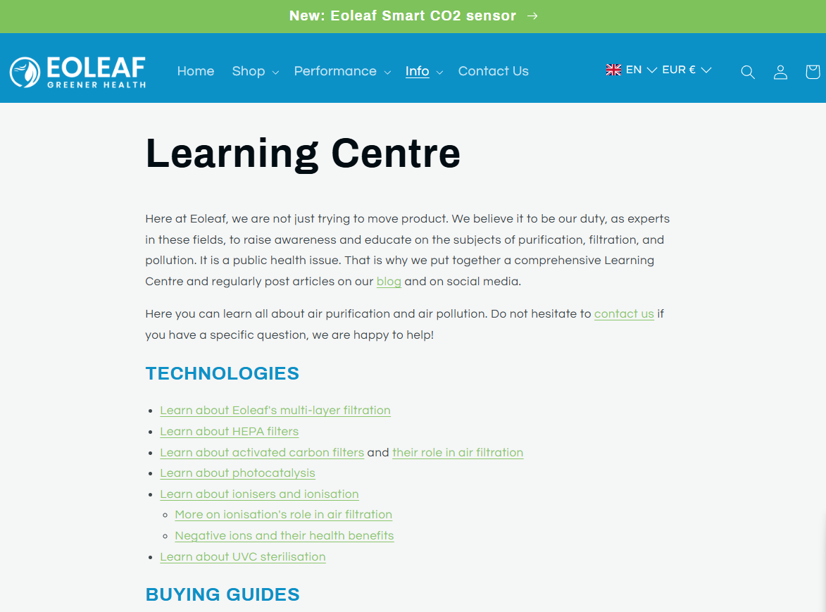 A screenshot of Eoleaf's Learning Centre