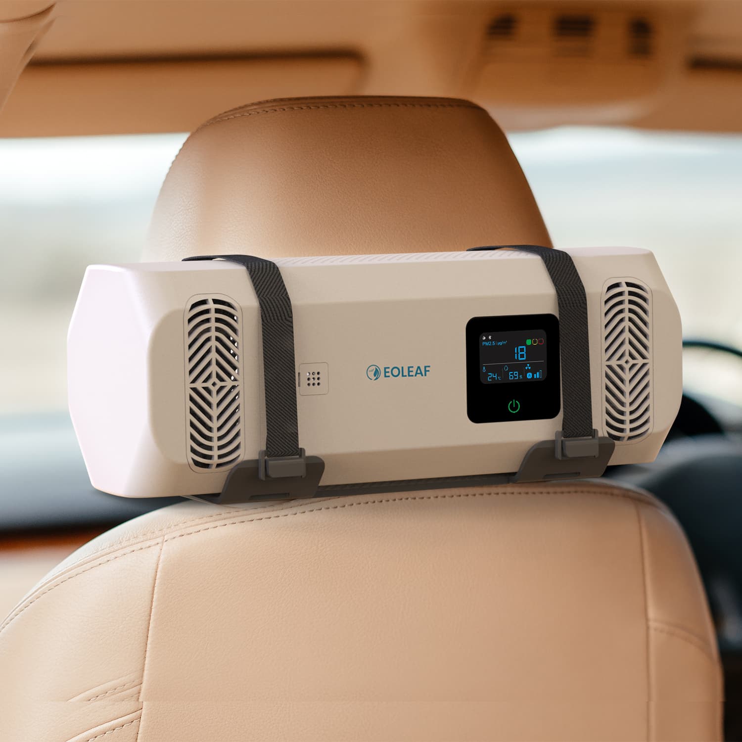 Eoleaf's Pure CAR air purifier installed behind a headrest in a car