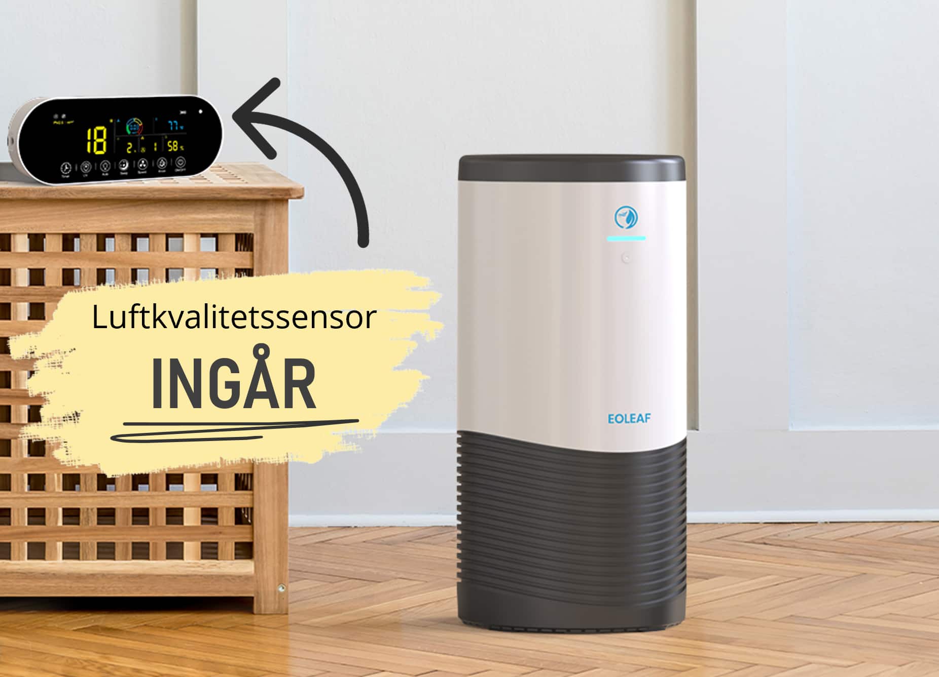 Eoleafs TeraPur 600 luftrenare med sin fjärrkontrollsterminal
