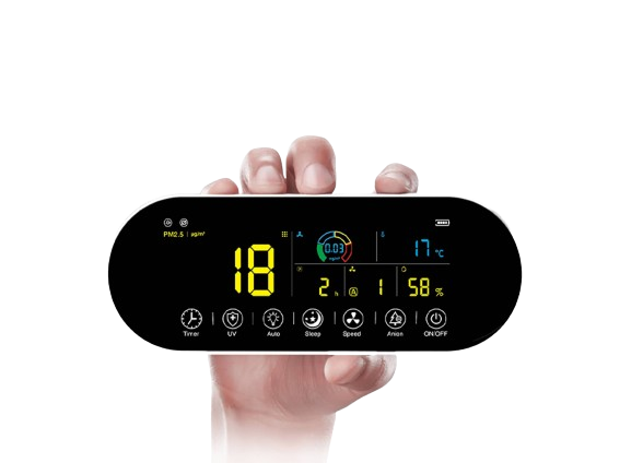 A hand holding Eoleaf's remote control display