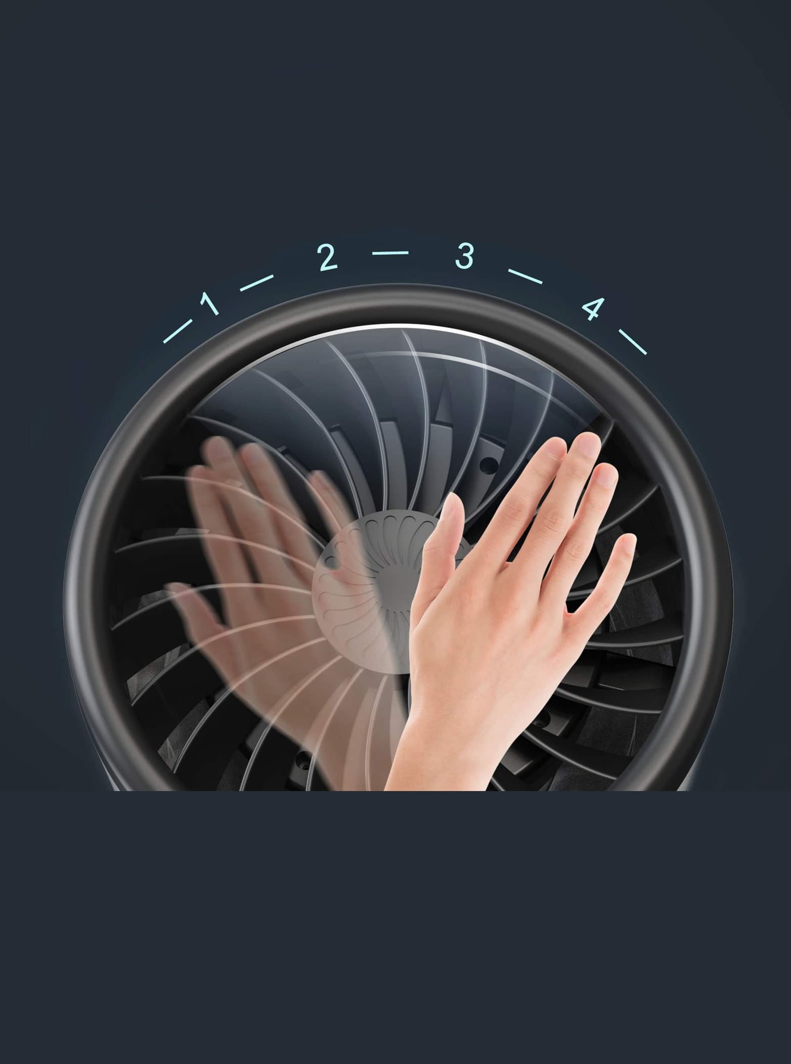 A hand passing over Eoleaf's AEROPRO 100 air purifier showing gesture controls